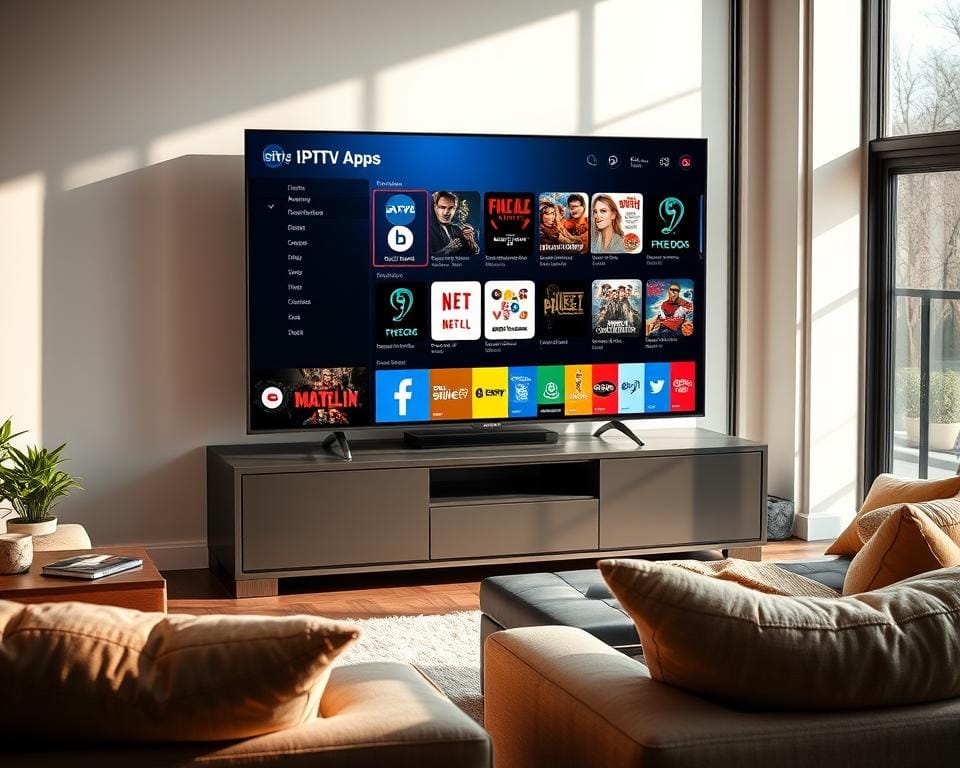 A modern, well-lit home living room setting featuring a large smart TV on a sleek entertainment console. On the TV screen, various IPTV app icons and interfaces are prominently displayed, showcasing their intuitive designs and diverse content offerings. The room has large windows allowing natural light to flow in, creating a warm, inviting atmosphere. Plush, comfortable seating arrangements are positioned around the TV, suggesting a cozy environment for streaming entertainment. The overall scene conveys the ease and convenience of using IPTV apps to access a wide range of live and on-demand television content.