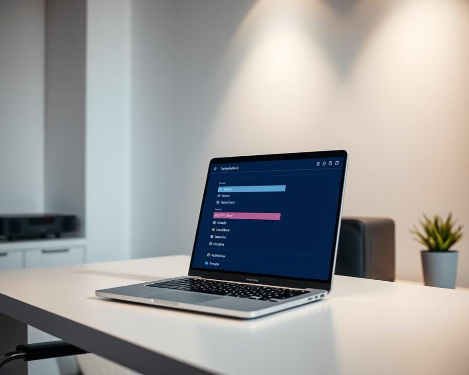 A modern, well-lit home office setup, showcasing an open laptop displaying a configuration menu for a popular IPTV app. The desk is clean and organized, with the laptop positioned at a slight angle, highlighting the app's interface. The background features a minimalist aesthetic, with a plain white wall and soft, indirect lighting creating a calming, professional atmosphere. The overall scene conveys a sense of efficiency and technological sophistication, perfectly suited for illustrating the "Configuration des applications IPTV populaires" section of the article.