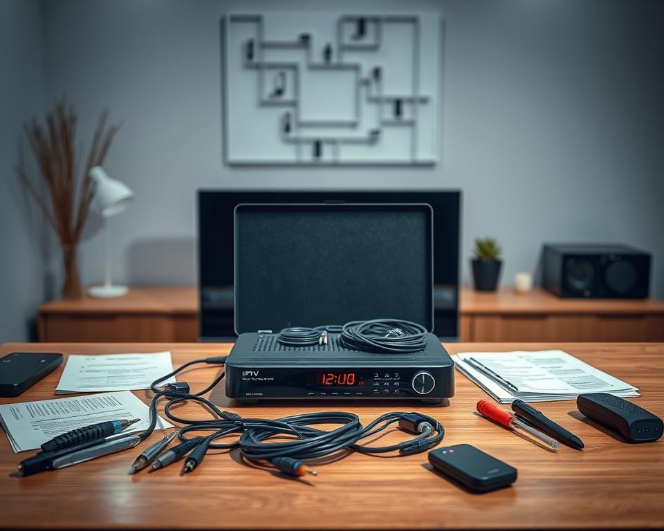 A modern, well-lit workspace with an open IPTV box and cables on a wooden desk. The box is the focal point, with various troubleshooting tools and documentation arranged neatly around it. The background features a minimalist wall decor, creating a calm, professional atmosphere. Soft, directional lighting illuminates the scene, highlighting the details of the equipment. The overall composition conveys a sense of methodical problem-solving, encouraging the viewer to engage with the technical aspects of IPTV troubleshooting.