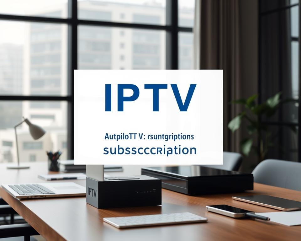 A professional corporate office setting, with a neatly organized desk featuring a laptop, smart device, and office supplies. The desk is placed in front of a large window, allowing natural light to flood the space. On the desk, a stylized icon depicting an IPTV service subscription is prominently displayed, conveying the idea of a legal, regulated IPTV service. The overall atmosphere is one of professionalism, efficiency, and attention to detail, reflecting the subject matter of the legal framework surrounding IPTV in France.