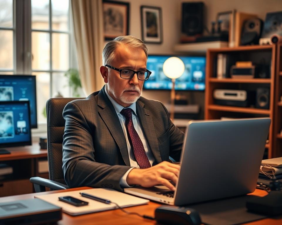 A professional, well-dressed middle-aged man sitting at a desk in a cozy, well-lit home office, surrounded by a variety of technology devices and gadgets. He has a focused, determined expression as he studies the contents of a laptop screen, representing the legal aspects of using IPTV services in France. The room has warm lighting, creating a contemplative atmosphere, and the overall scene conveys the image of an "IPTV king365" who is deeply engaged in understanding the nuances of the legal landscape.