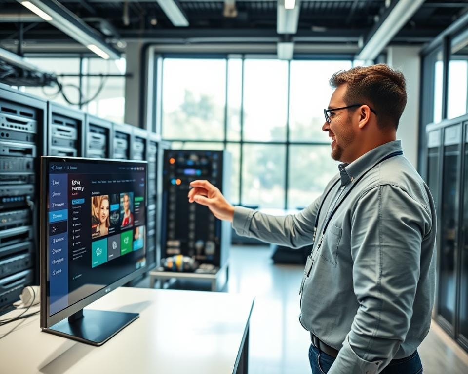 A professional, well-equipped IPTV service provider working in a modern, tech-savvy office space. In the foreground, a friendly, knowledgeable technician assists a customer, demonstrating the user-friendly interface of the IPTV platform on a sleek, high-resolution display. The middle ground features neatly organized server racks, cables, and networking equipment, conveying the robust infrastructure that powers the IPTV service. The background showcases large windows providing ample natural lighting, creating a bright and welcoming atmosphere. The overall scene exudes a sense of trustworthiness, reliability, and a commitment to delivering a premium IPTV experience.