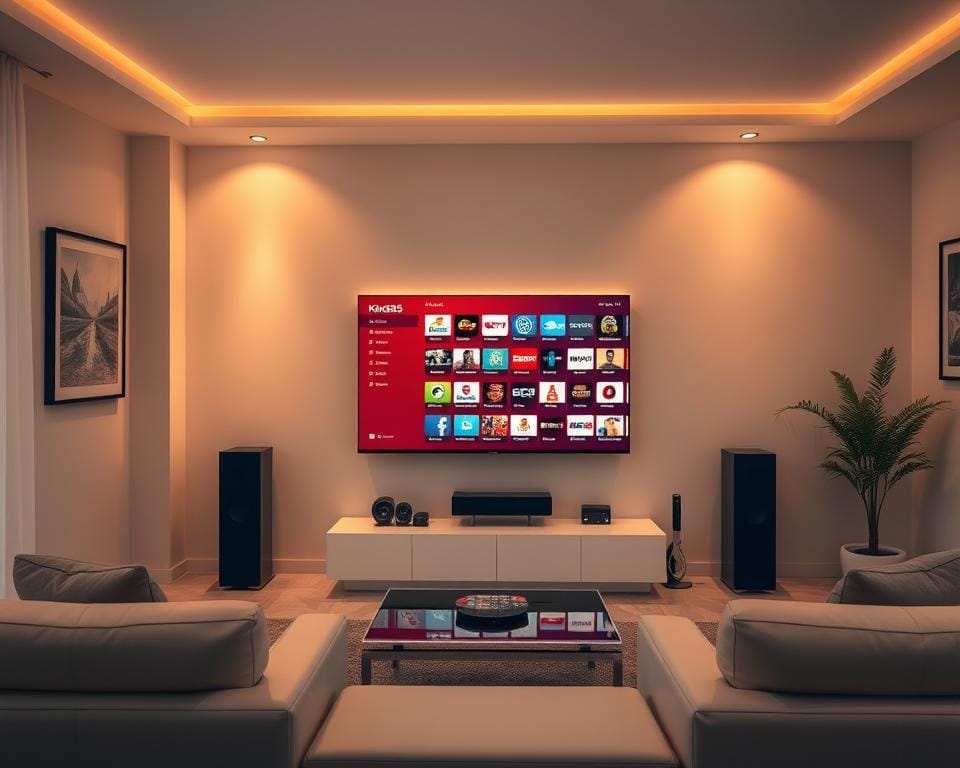 A serene living room with a modern television set displaying a vibrant IPTV interface, showcasing a diverse selection of live channels and on-demand content. The room is bathed in soft, warm lighting, creating a cozy and inviting atmosphere. The television is the focal point, surrounded by sleek, minimalist furniture in a neutral color palette. The walls feature tasteful artwork, complementing the overall aesthetic. The scene conveys the convenience, affordability, and superior viewing experience of the IPTV King365 service, making it an attractive alternative to traditional cable or satellite television.