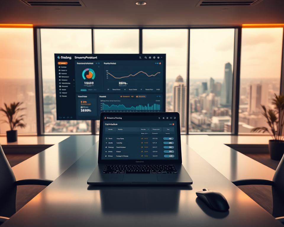 A serene office setting, with a large display showing a streaming performance optimization dashboard. Warm, diffused lighting illuminates the scene, creating a calming atmosphere. In the foreground, a laptop stands open, displaying various metrics and optimization settings. The middle ground features a sleek, minimalist desk with a professional-looking mouse and keyboard. The background showcases a panoramic window, offering a view of a bustling cityscape, hinting at the importance of efficient streaming performance in a modern, technology-driven world. The overall composition conveys a sense of focus, control, and the pursuit of optimal streaming experiences.