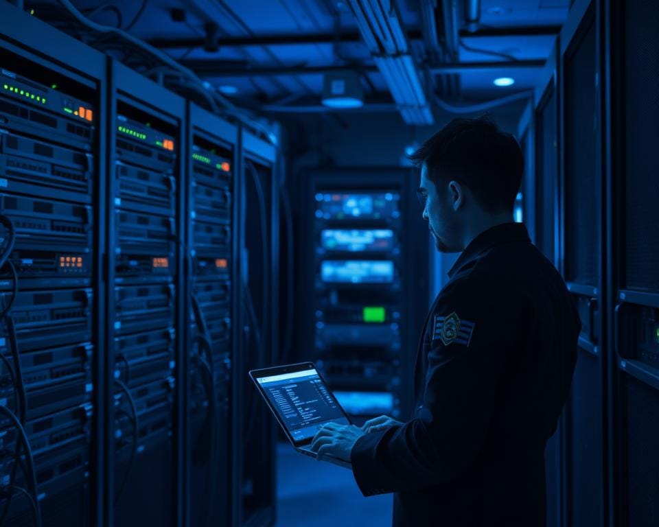 A server room with racks of network equipment, including routers, switches, and a central IPTV server. The room is dimly lit, with a cool blue-tinted lighting that casts long shadows and creates a sense of technical sophistication. The server racks are neatly organized, with cables carefully managed and labeled. In the foreground, a technician in a smart, dark uniform is working on a laptop, configuring the IPTV server settings. The background is out of focus, hinting at the larger infrastructure that supports the IPTV system. The atmosphere is one of precision, control, and the efficient management of a complex technological environment. A server room with racks of network equipment, including routers, switches, and a central IPTV server. The room is dimly lit, with a cool blue-tinted lighting that casts long shadows and creates a sense of technical sophistication. The server racks are neatly organized, with cables carefully managed and labeled. In the foreground, a technician in a smart, dark uniform is working on a laptop, configuring the IPTV server settings. The background is out of focus, hinting at the larger infrastructure that supports the IPTV system. The atmosphere is one of precision, control, and the efficient management of a complex technological environment.