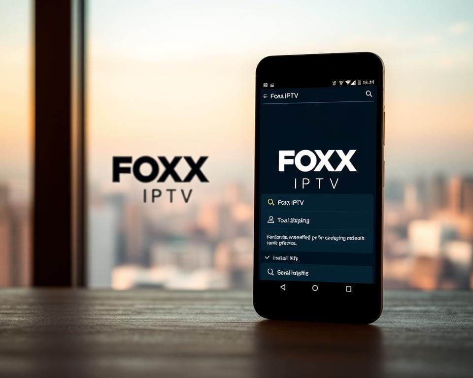 A sleek Android device stands in the foreground, its screen displaying the Foxx IPTV logo against a minimalist backdrop. The device's clean lines and modern design evoke a sense of technological sophistication. The middle ground reveals a simplified user interface, with intuitive navigation menus and clear instructions for the installation process. In the background, a softly blurred cityscape hints at the global reach and accessibility of the Foxx IPTV service. Warm, diffused lighting and a neutral color palette create a calming, professional atmosphere, inviting the viewer to engage with the seamless integration of Foxx IPTV on their Android device.