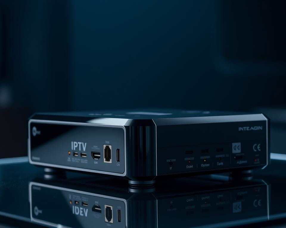A sleek and modern IPTV box with a glossy black exterior, showcasing its advanced features. The front panel has a minimalist design with touch-sensitive controls and a discreet LED display. The back features an array of ports for HDMI, Ethernet, USB, and optical audio connections. The box is positioned on a glass or metal surface, reflecting the light and creating a sense of depth and sophistication. The environment is dimly lit, with subtle ambient lighting highlighting the box's clean lines and sharp edges. The overall mood is one of technological elegance and cutting-edge functionality.