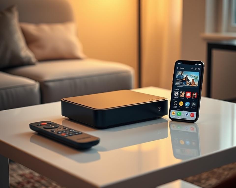 A sleek and modern IPTV set-top box resting on a minimalist white table, with a remote control and a smartphone displaying the IPTV service interface. The room is bathed in warm, diffused lighting, creating a comfortable and inviting atmosphere. The overall scene conveys the ease and convenience of setting up and accessing a personalized IPTV subscription, reflecting the step-by-step guide for subscribing to an IPTV service in France.