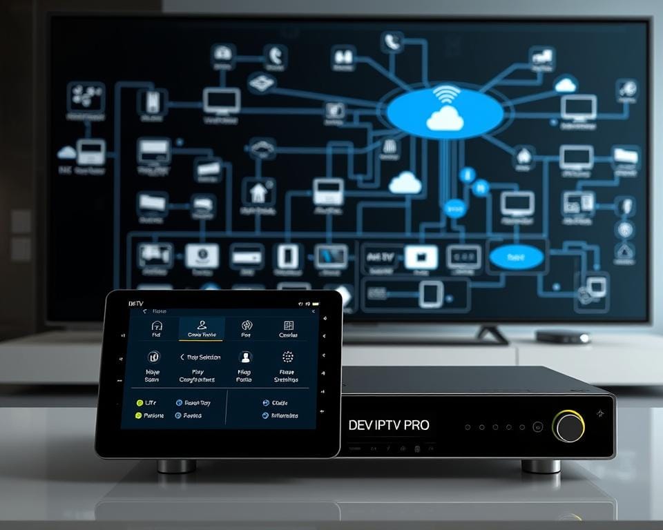 A sleek and modern control panel with advanced features for the Dev IPTV Pro media player. In the foreground, various settings and options are displayed on a high-resolution touchscreen interface, allowing for precise control over channel selection, playback settings, and parental controls. The middle ground showcases a clean and intuitive user interface, with clear icons and menus for easy navigation. In the background, a sophisticated network diagram illustrates the seamless integration of the IPTV platform with different devices and streaming services. The overall scene conveys a sense of power, flexibility, and technical sophistication, reflecting the advanced capabilities of the Dev IPTV Pro system.