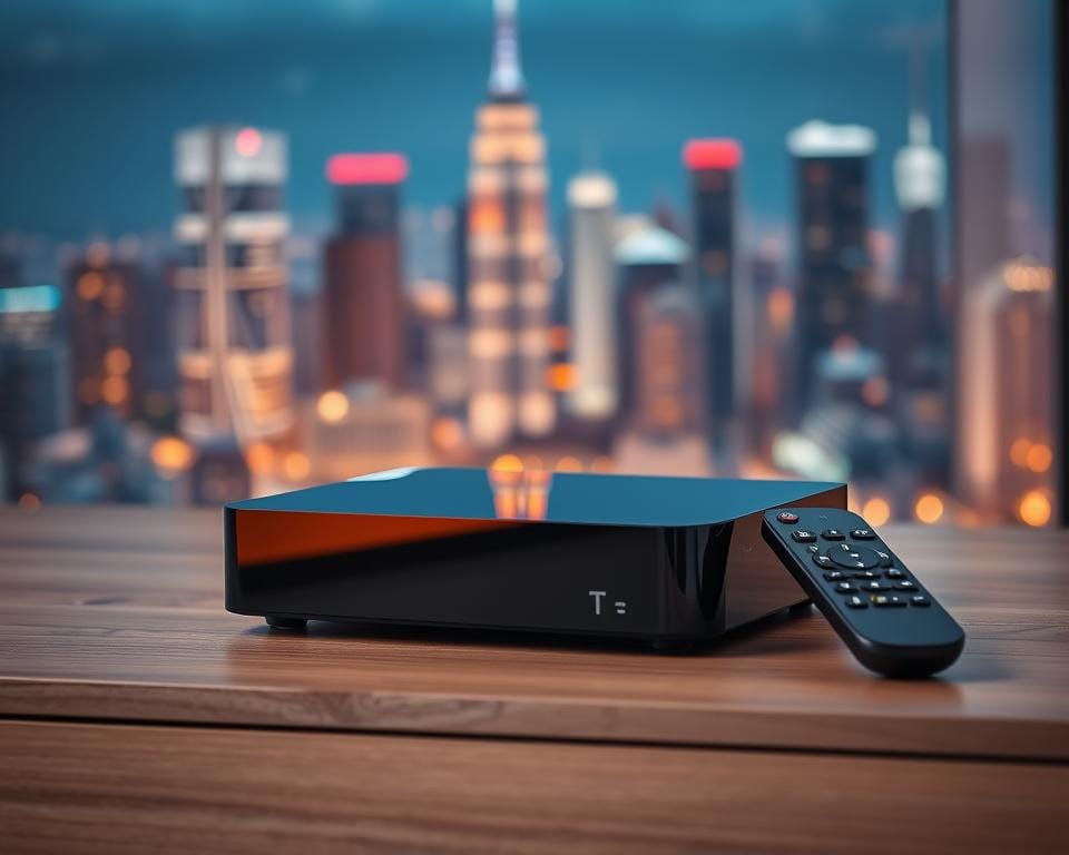 A sleek and modern smart TV box, its glossy black exterior reflecting the warm glow of ambient lighting. The device sits atop a clean, minimalist wooden surface, complemented by a simple, elegant remote control. In the background, a blurred cityscape of high-rise buildings and twinkling lights creates a sophisticated, urban atmosphere. The image conveys a sense of technological sophistication and seamless integration into a contemporary living space, perfectly suited to illustrate the requirements for using a high-quality IPTV service. A sleek and modern smart TV box, its glossy black exterior reflecting the warm glow of ambient lighting. The device sits atop a clean, minimalist wooden surface, complemented by a simple, elegant remote control. In the background, a blurred cityscape of high-rise buildings and twinkling lights creates a sophisticated, urban atmosphere. The image conveys a sense of technological sophistication and seamless integration into a contemporary living space, perfectly suited to illustrate the requirements for using a high-quality IPTV service.