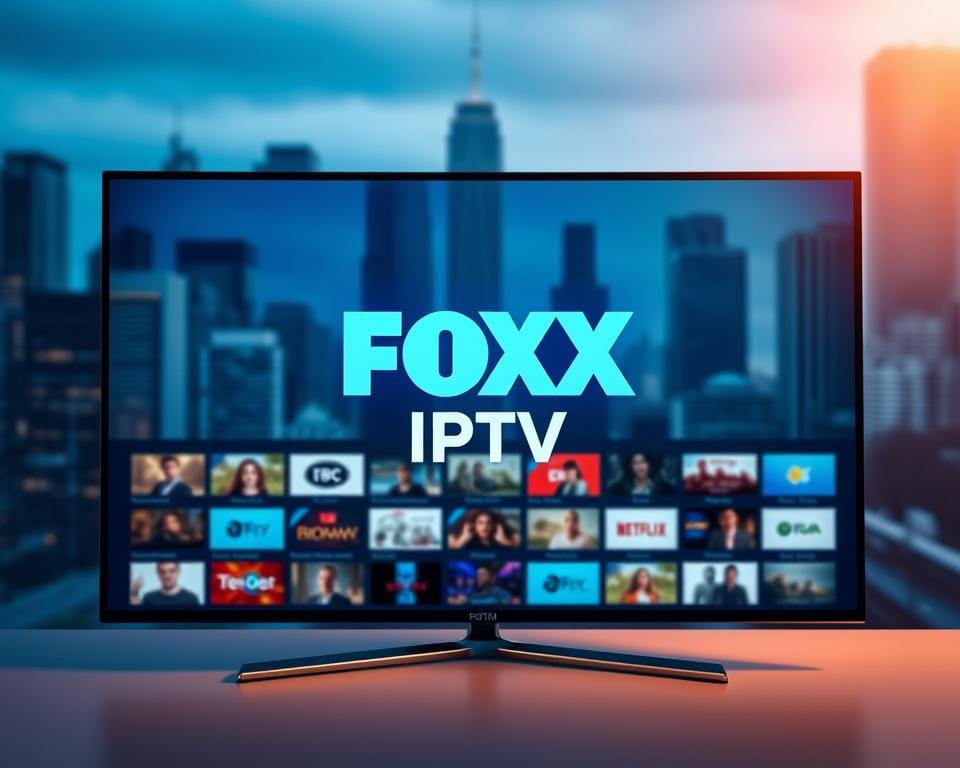 A sleek and modern streaming service interface with a striking blue and white color scheme. The Foxx IPTV logo prominently displayed in the center, surrounded by a grid of channel icons representing the diverse content available. The background features a blurred, high-tech cityscape, suggesting the global reach and cutting-edge technology of the service. Soft, directional lighting casts a warm glow, creating a sense of sophistication and professionalism. The overall composition conveys the seamless, user-friendly experience of Foxx IPTV, perfectly suited for the "Qu'est-ce que Foxx IPTV et comment ça fonctionne" section of the article.