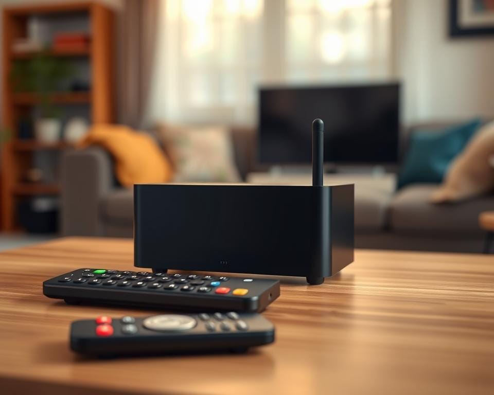 A sleek, modern Android TV box sits prominently on a minimalist wooden table, its black matte exterior gleaming under the warm, diffused lighting. The box's clean lines and simple design evoke a sense of sophistication and functionality. In the foreground, a remote control rests nearby, ready to navigate the user through the IPTV setup process. The background features a blurred, cozy living room, hinting at the device's seamless integration into a home entertainment setup. The overall scene exudes a sense of effortless technology and the promise of a hassle-free IPTV experience. A sleek, modern Android TV box sits prominently on a minimalist wooden table, its black matte exterior gleaming under the warm, diffused lighting. The box's clean lines and simple design evoke a sense of sophistication and functionality. In the foreground, a remote control rests nearby, ready to navigate the user through the IPTV setup process. The background features a blurred, cozy living room, hinting at the device's seamless integration into a home entertainment setup. The overall scene exudes a sense of effortless technology and the promise of a hassle-free IPTV experience.