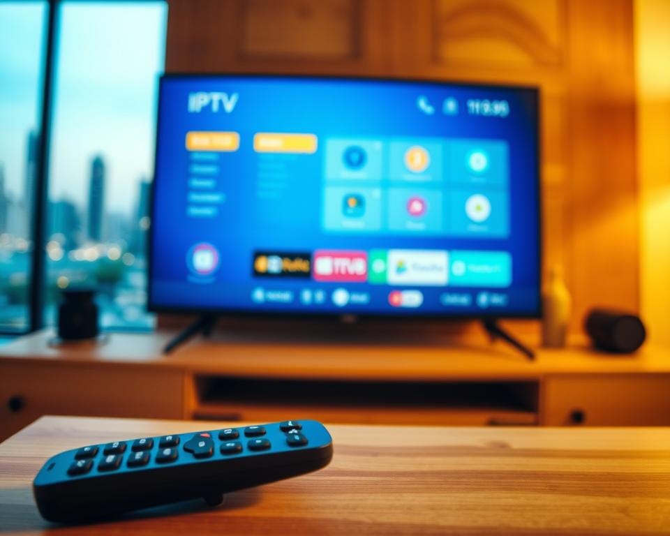 A sleek, modern IPTV interface displayed on a high-resolution television screen, showcasing a clean and intuitive user experience. The screen is illuminated by warm, diffused lighting, creating a cozy and inviting atmosphere. In the foreground, a remote control with minimal buttons and a streamlined design sits on a minimalist, wood-toned entertainment center. The background features a blurred cityscape, hinting at the global connectivity and accessibility of IPTV technology. The overall composition conveys a sense of seamless integration between technology and everyday home entertainment. A sleek, modern IPTV interface displayed on a high-resolution television screen, showcasing a clean and intuitive user experience. The screen is illuminated by warm, diffused lighting, creating a cozy and inviting atmosphere. In the foreground, a remote control with minimal buttons and a streamlined design sits on a minimalist, wood-toned entertainment center. The background features a blurred cityscape, hinting at the global connectivity and accessibility of IPTV technology. The overall composition conveys a sense of seamless integration between technology and everyday home entertainment.
