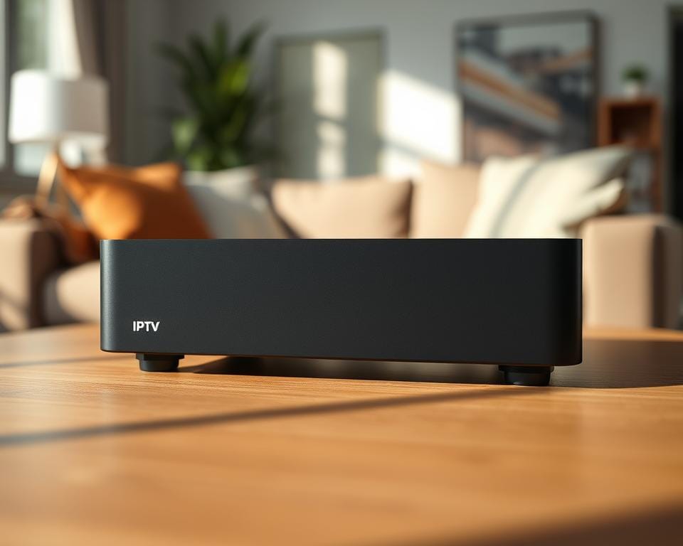 A sleek, modern IPTV subscription box sits prominently on a wooden table, casting soft shadows. The device is rendered in high detail, with clean lines, subtle branding, and a minimalist aesthetic. The lighting is natural and diffused, creating a warm, inviting atmosphere. In the background, a blurred living room setting suggests the box's intended domestic use. The composition is balanced, drawing the viewer's eye to the central device, emphasizing its importance in setting up and managing an IPTV service.