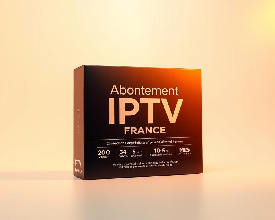 A sleek, modern IPTV subscription package prominently displayed on a minimalist white background. The package is presented in an elegant, premium design with a clean, sans-serif typeface showcasing the "Abonnement IPTV France" branding. The package features key details such as HD video quality, a robust channel lineup, and seamless compatibility with a variety of devices. Warm, soft lighting from the top right casts a subtle glow, highlighting the high-quality materials and attention to detail. The overall composition conveys a sense of professionalism, reliability, and the ability to effortlessly access French television content from anywhere.