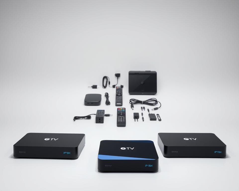 A sleek, modern comparison of the best IPTV boxes, showcased against a clean, minimalist backdrop. In the foreground, three distinct IPTV boxes sit side by side, each with a subtle glow and crisp, high-resolution details. The middle ground features a simple, yet elegant arrangement of remote controls, cables, and other accessories, all arranged neatly. The background is a soft, neutral color that allows the products to take center stage, conveying a sense of professionalism and technical expertise. Lighting is subtle and directional, highlighting the contours and textures of the IPTV boxes. The overall mood is one of precision, clarity, and a focus on the key features and benefits of these innovative media devices.
