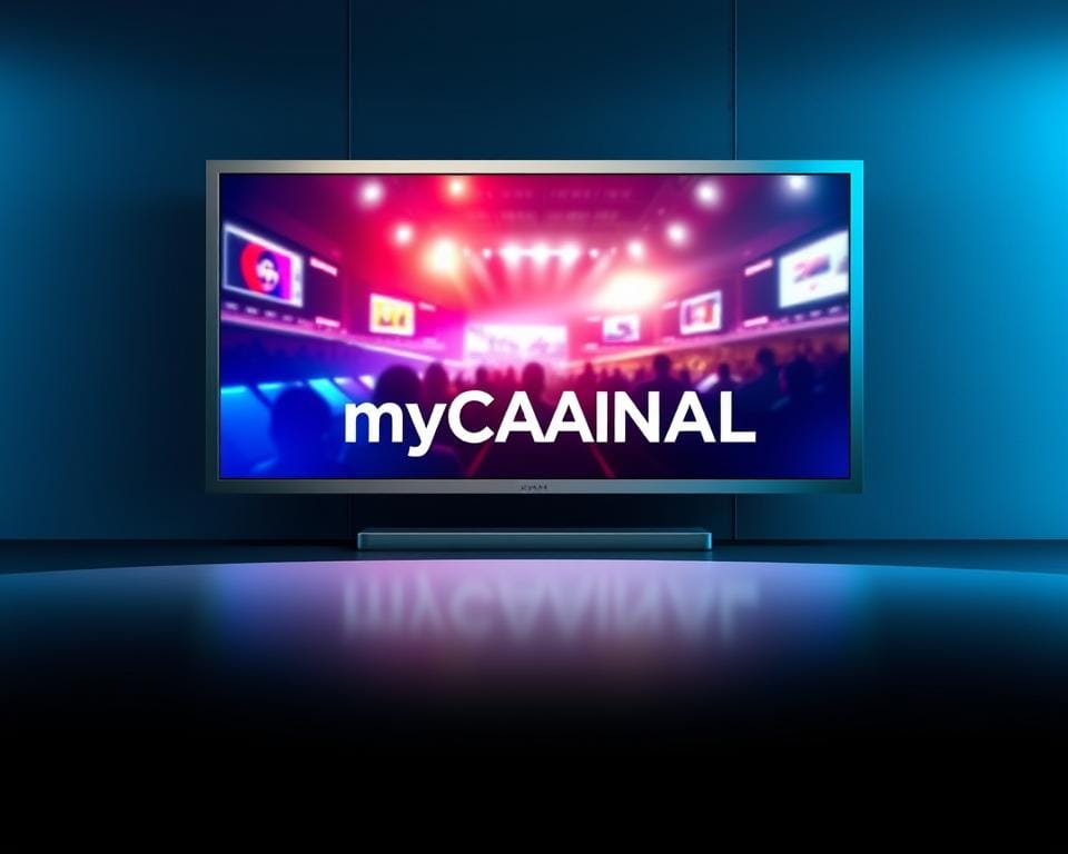 A sleek, modern design showcasing the exclusive content of myCANAL. In the center, a large, high-resolution screen displaying a cinematic scene with vibrant colors and dynamic lighting. The screen is surrounded by a minimalist, brushed metal frame, conveying a premium, high-tech aesthetic. In the foreground, a smooth, reflective surface creates a sense of depth and elegance. The background features a subtle, gradient-based pattern in shades of blue and gray, evoking the digital nature of the service. The overall composition is clean, sophisticated, and designed to captivate the viewer and highlight the exclusive, premium nature of the myCANAL offering.