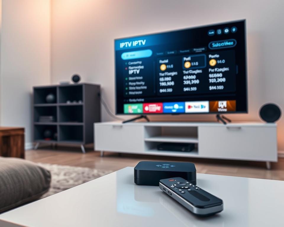 A sleek, modern home entertainment setup with a smart TV, streaming device, and wireless remote control. The TV screen displays an IPTV service subscription menu, with various package options and pricing information. The room is well-lit, with soft, warm lighting that creates a cozy, inviting atmosphere. The layout is minimalist and organized, with the technology seamlessly integrated into the decor. The scene conveys the ease and convenience of subscribing to an IPTV service, appealing to a tech-savvy audience seeking a reliable and comprehensive entertainment solution.