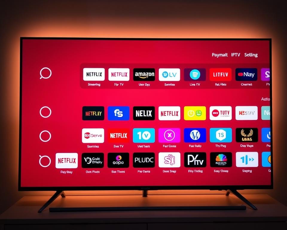 A sleek, modern smart TV screen displaying a variety of IPTV app icons, including popular streaming services, live TV channels, and media players. The screen is backlit with a soft, warm glow, creating a cozy and inviting atmosphere. The apps are arranged neatly, with clear labels and intuitive navigation. The overall composition is clean, minimalist, and visually appealing, showcasing the ease and convenience of using IPTV applications on a large display. The scene is captured from a slightly elevated angle, highlighting the screen's size and the user-friendly interface.