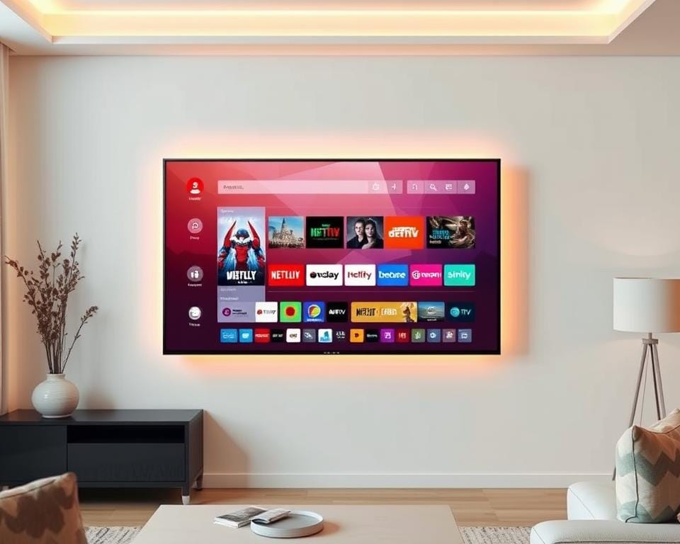 A sleek, wall-mounted smart TV with a modern, minimalist design. The screen is backlit with a soft, even glow, illuminating the connected devices and streaming services displayed on the interface. The TV is situated in a well-lit, contemporary living room with clean lines and neutral tones, creating a harmonious and tech-savvy atmosphere. The camera angle emphasizes the TV's seamless integration into the space, showcasing its intuitive controls and user-friendly features that enable effortless IPTV subscription and setup.