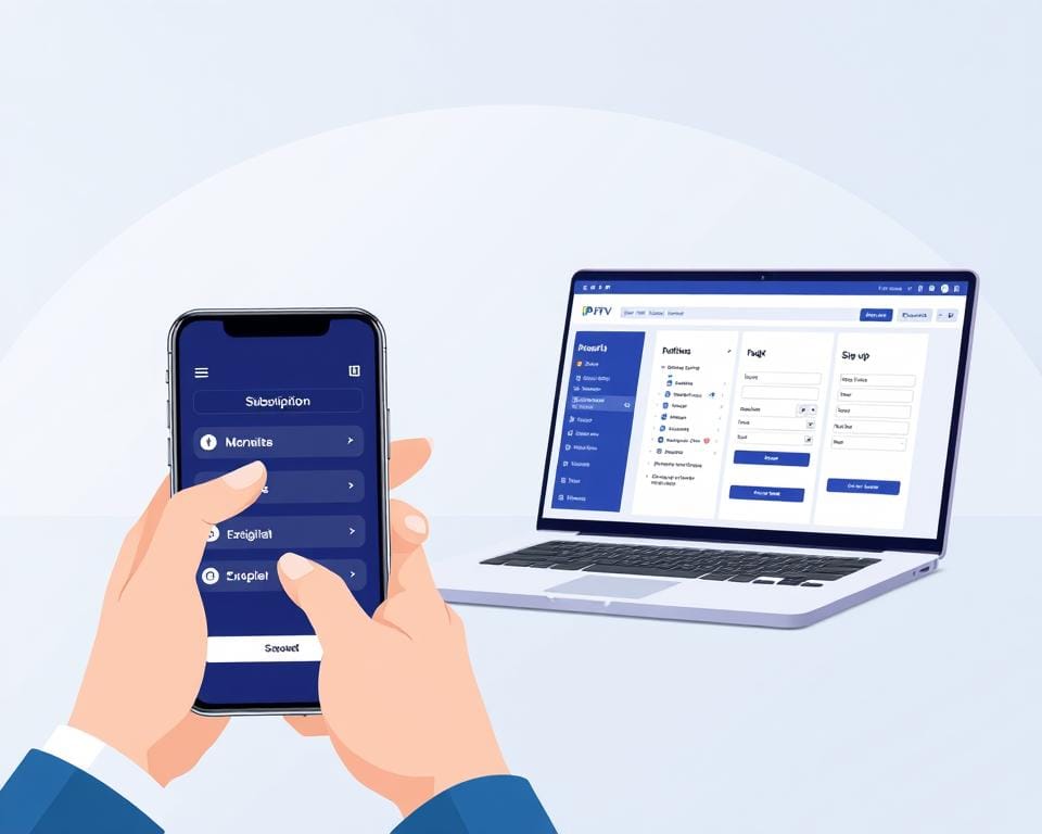 A step-by-step IPTV subscription process depicted in a clean, minimalist illustration. In the foreground, a user's hand tapping on a smartphone screen, navigating through subscription options. The middle ground shows a laptop displaying an IPTV service provider's website, with intuitive menus and sign-up forms. In the background, a subtle grid pattern representing the digital infrastructure that powers IPTV, creating a sense of technological sophistication. The overall scene conveys a streamlined, user-friendly IPTV subscription experience, with attention to detail and a crisp, modern aesthetic.