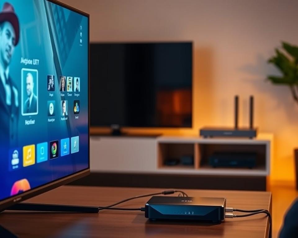 A step-by-step guide for setting up an IPTV service, showcasing a sleek and modern home entertainment setup. In the foreground, a smart TV screen displays the IPTV interface, while the middle ground features a high-end media streaming device, its cables neatly routed. In the background, a minimalist entertainment center houses the necessary equipment - a router, modem, and IPTV set-top box, all connected seamlessly. The lighting is warm and inviting, creating a cozy atmosphere for the user to enjoy their favorite French television content. The image conveys a sense of technological sophistication and ease of use, perfectly capturing the essence of the "Guide étape par étape pour installer un service IPTV" section.