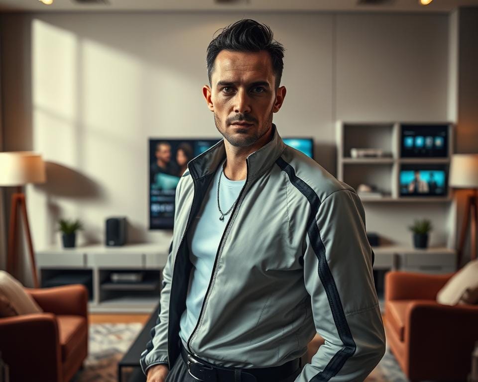 A striking portrait of the "IPTV King365" set against a backdrop of a modern, high-tech home entertainment system. In the foreground, the subject stands confidently, adorned in a stylish, tech-inspired outfit, their gaze direct and commanding. The lighting is dramatic, creating a sense of power and authority. In the middle ground, a sleek, minimalist entertainment center dominates the scene, with various streaming devices and interfaces hinting at the advanced technology powering the "IPTV King365" experience. The background features a cozy, well-appointed living room, with subtle nods to French decor, creating an atmosphere of sophistication and luxury. The overall composition conveys the expertise, authority, and influence of the "IPTV King365" in the French market.