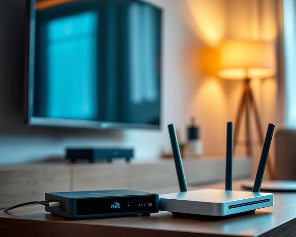 A stylish and contemporary home setup showcasing the essential IPTV equipment. In the foreground, a sleek and modern TV set with a minimalist design, mounted on the wall. Beside it, a compact streaming device or set-top box, seamlessly integrated into the entertainment system. In the middle ground, a high-speed internet router, with clean lines and discreet LED indicators, ensuring a reliable and stable internet connection. In the background, subtle ambient lighting creates a warm and inviting atmosphere, complementing the overall aesthetic. The scene conveys a sense of technological sophistication and a user-friendly setup, perfect for enjoying French television content at home.