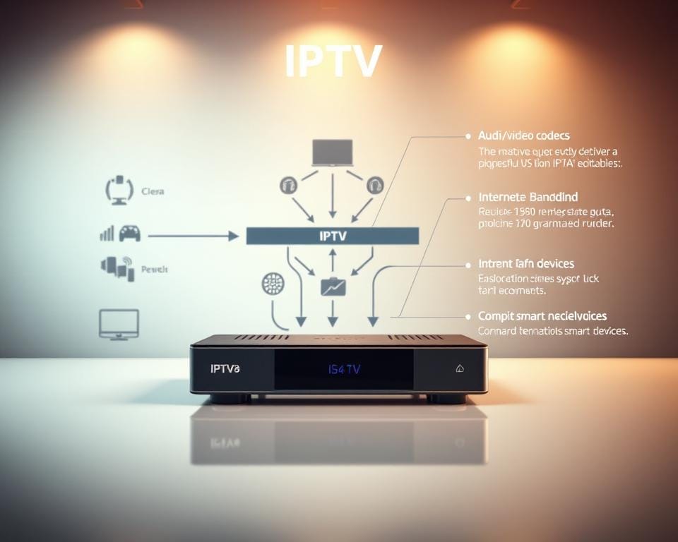 A technical diagram showcasing the key specifications of an IPTV setup. In the foreground, a sleek and modern IPTV box with clean lines and minimalist design, resting on a glossy surface. The middle ground features a visualization of the underlying network architecture, with dynamic arrows and icons representing data flow, connectivity, and streaming capabilities. In the background, a soft gradient backdrop provides a professional, technical ambiance, complemented by subtle grid lines and technical callouts detailing the IPTV's audio/video codecs, internet bandwidth requirements, and compatibility with various smart devices. Warm, directional lighting highlights the key components, creating depth and emphasizing the technical details. The overall composition conveys a sense of sophistication, functionality, and the seamless integration of IPTV technology. A technical diagram showcasing the key specifications of an IPTV setup. In the foreground, a sleek and modern IPTV box with clean lines and minimalist design, resting on a glossy surface. The middle ground features a visualization of the underlying network architecture, with dynamic arrows and icons representing data flow, connectivity, and streaming capabilities. In the background, a soft gradient backdrop provides a professional, technical ambiance, complemented by subtle grid lines and technical callouts detailing the IPTV's audio/video codecs, internet bandwidth requirements, and compatibility with various smart devices. Warm, directional lighting highlights the key components, creating depth and emphasizing the technical details. The overall composition conveys a sense of sophistication, functionality, and the seamless integration of IPTV technology.