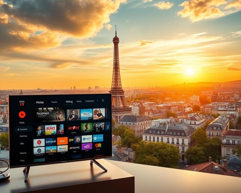 A vibrant cityscape of Paris, the heart of IPTV in France. In the foreground, a modern TV screen displays a menu of streaming channels, highlighting the convenience and flexibility of IPTV technology. In the middle ground, the iconic Eiffel Tower stands tall, a symbol of French culture and the growing popularity of IPTV among French households. The background features a panoramic view of the city, with Parisian rooftops, lush greenery, and a warm, golden sunset lighting the scene, conveying the allure and charm of France. The overall mood is one of technological innovation, cultural heritage, and the seamless integration of IPTV into the French lifestyle.