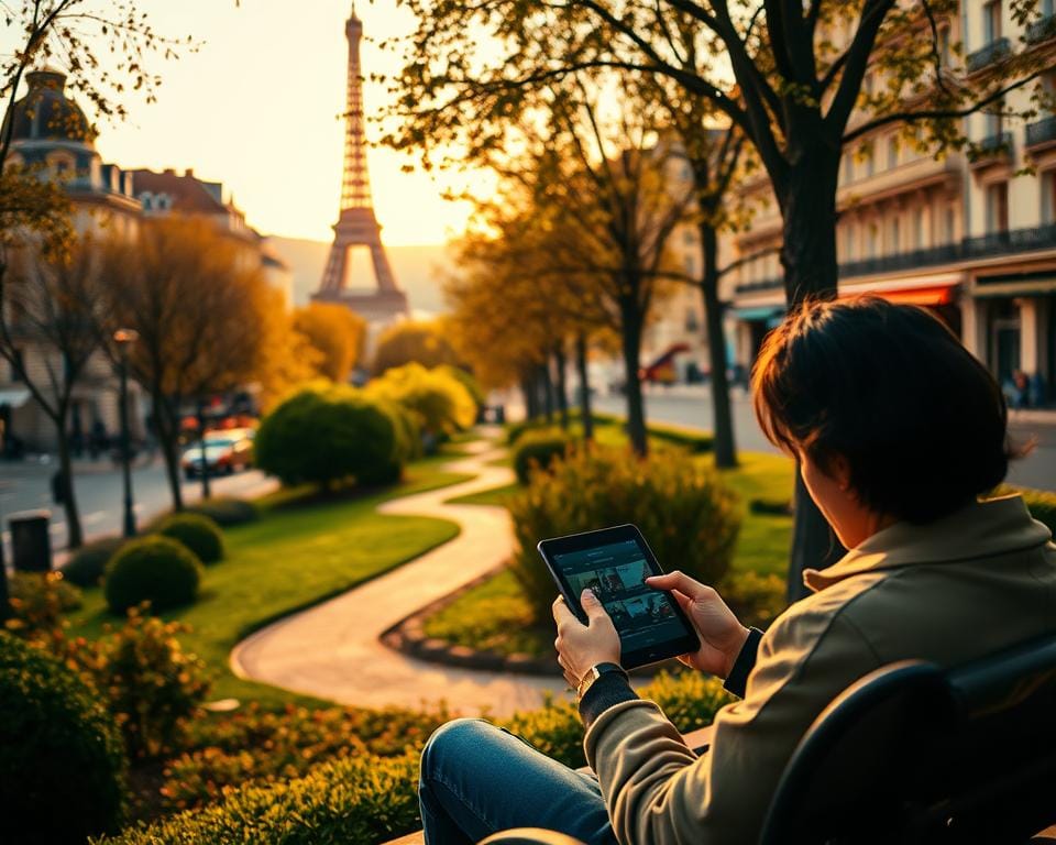 A vibrant cityscape of Paris, with the iconic Eiffel Tower visible in the distance. In the foreground, a person sitting on a park bench is intently focused on a tablet or smartphone, likely streaming content from an IPTV service. The scene is bathed in a warm, golden light, creating a cozy, inviting atmosphere. The middle ground features lush greenery and a winding path, suggesting a relaxing urban oasis. The background showcases the elegant architecture and charming streets of the French capital, hinting at the diverse IPTV options available to viewers in France.