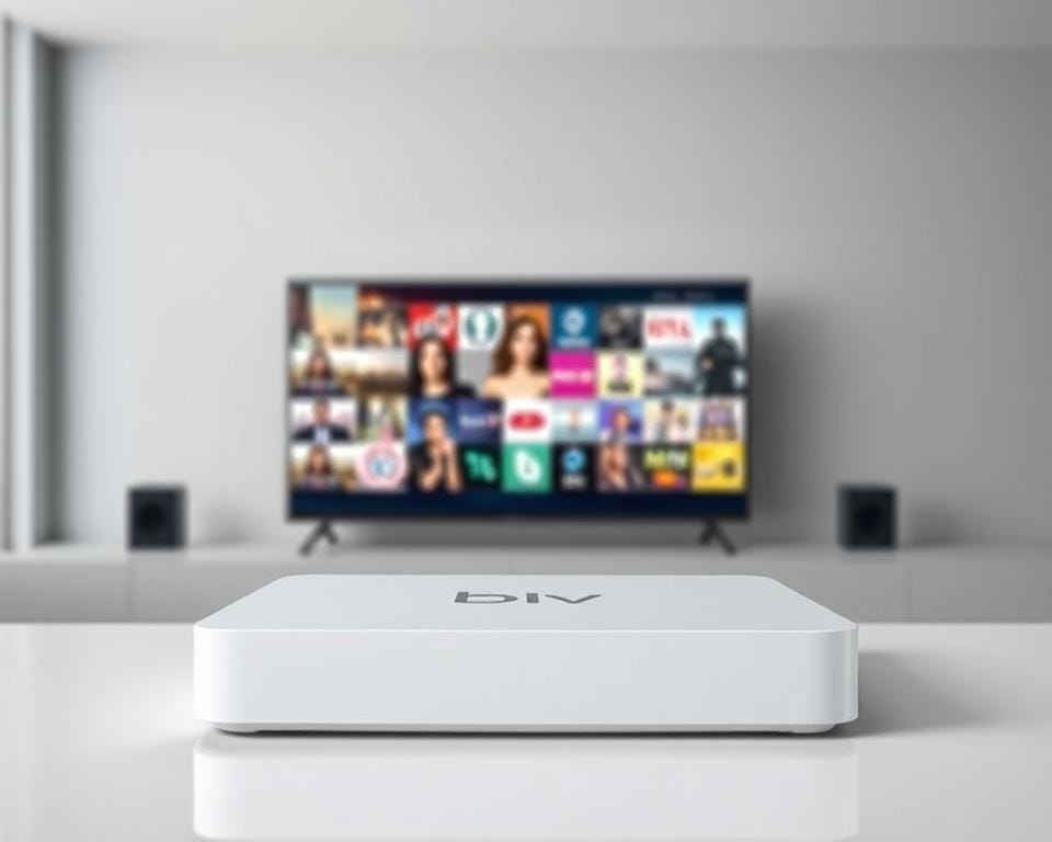 A visually appealing and informative box IPTV device set against a modern, minimalist backdrop. The device is presented in the foreground, showcasing its sleek design and array of ports. The middle ground features various entertainment icons, hinting at the diverse content available through the IPTV service. The background is a clean, neutral color, allowing the device and icons to take center stage. The lighting is soft and even, creating a sense of sophistication and technological prowess. The overall composition aims to convey the advantages of using a box IPTV system for a seamless and engaging entertainment experience.
