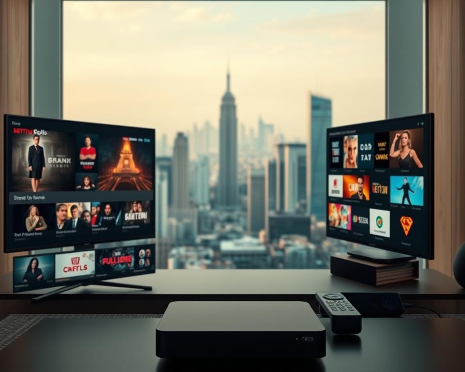 A well-designed IPTV application interface with a clean, modern layout. In the foreground, a variety of popular streaming services and channels are displayed in a grid-like arrangement, with clear icons and titles. The middle ground showcases various IPTV device options, such as smart TVs, set-top boxes, and mobile devices, all seamlessly integrated with the applications. The background features a softly blurred cityscape, hinting at the global connectivity and accessibility of IPTV technology. The overall mood is one of efficiency, convenience, and the future of entertainment, captured through a wide-angle lens with warm, diffused lighting.