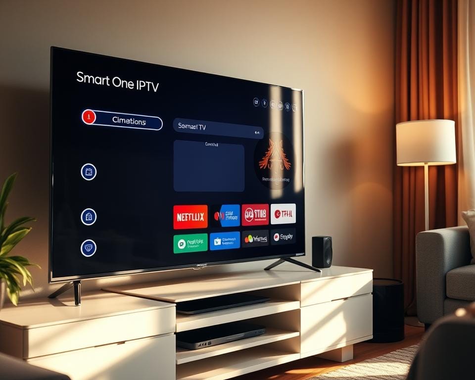 A well-lit, close-up view of a smart TV screen displaying the Smart One IPTV interface. The interface features a clean, intuitive design with large, easy-to-navigate icons and menus. The TV is positioned on a modern, minimalist entertainment stand in a comfortable, cozy living room setting. Warm, natural lighting from a nearby window creates a soft, inviting atmosphere. The image conveys the simplicity and user-friendliness of setting up and using the Smart One IPTV service on a smart TV. A well-lit, close-up view of a smart TV screen displaying the Smart One IPTV interface. The interface features a clean, intuitive design with large, easy-to-navigate icons and menus. The TV is positioned on a modern, minimalist entertainment stand in a comfortable, cozy living room setting. Warm, natural lighting from a nearby window creates a soft, inviting atmosphere. The image conveys the simplicity and user-friendliness of setting up and using the Smart One IPTV service on a smart TV.