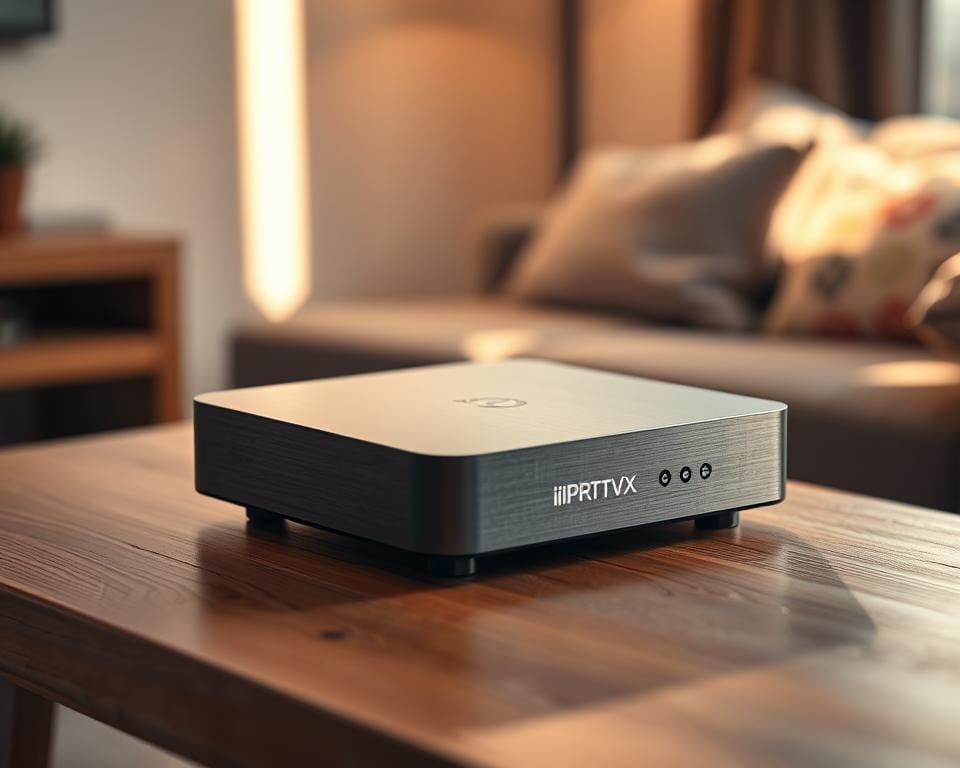 A well-lit, high-angle shot of a chic, modern IPTV box sitting on a wooden table. The box has a sleek, rectangular design with minimalist branding and a brushed metal finish. Soft shadows create depth, highlighting the texture and contours. The background is a blurred, neutral interior setting, allowing the box to be the focal point. The lighting is warm and natural, creating a cozy, inviting atmosphere. The overall composition emphasizes the box's premium quality and user-friendly appeal, reflecting the section's focus on choosing the best IPTV solution.