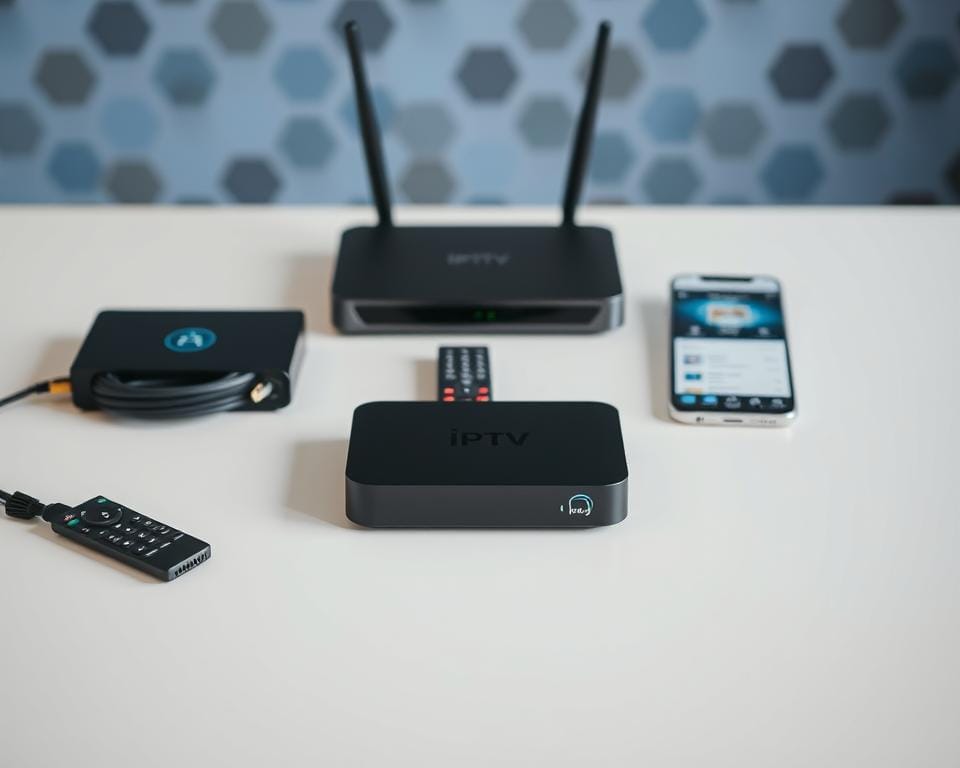 A well-lit, high-resolution image of various IPTV equipment laid out on a clean, minimalist white table. In the foreground, a streaming box, remote control, and ethernet cable are neatly arranged. In the middle ground, a sleek, modern IPTV router and a smartphone displaying an IPTV app interface. In the background, a subtle pattern of hexagons in shades of blue and gray, evoking a technological aesthetic. The overall scene conveys a sense of simplicity, functionality, and the seamless integration of IPTV technology into a modern home entertainment setup.