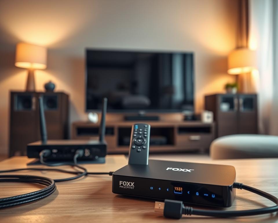 A well-lit, high-resolution image showcasing the necessary equipment for using Foxx IPTV in France. In the foreground, prominently display a Foxx IPTV set-top box, remote control, and HDMI cable. In the middle ground, include a modern smart TV, a high-speed internet router, and ethernet cables. In the background, depict a cozy living room setting with soft, warm lighting to convey a comfortable, home entertainment atmosphere. Capture the scene with a wide-angle lens to emphasize the interconnected nature of the setup. Convey a sense of simplicity and ease of use for the Foxx IPTV system.