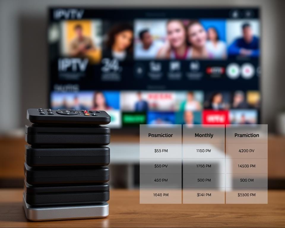 A well-lit scene showcasing various subscription plans for a premium IPTV service. In the foreground, a stack of IPTV remote controls in different colors, representing the different monthly subscription tiers. In the middle ground, a sleek, modern IPTV device against a blurred background of streaming content on a TV screen. The scene conveys a sense of convenience, accessibility, and the flexibility of IPTV subscription options. A well-lit scene showcasing various subscription plans for a premium IPTV service. In the foreground, a stack of IPTV remote controls in different colors, representing the different monthly subscription tiers. In the middle ground, a sleek, modern IPTV device against a blurred background of streaming content on a TV screen. The scene conveys a sense of convenience, accessibility, and the flexibility of IPTV subscription options.