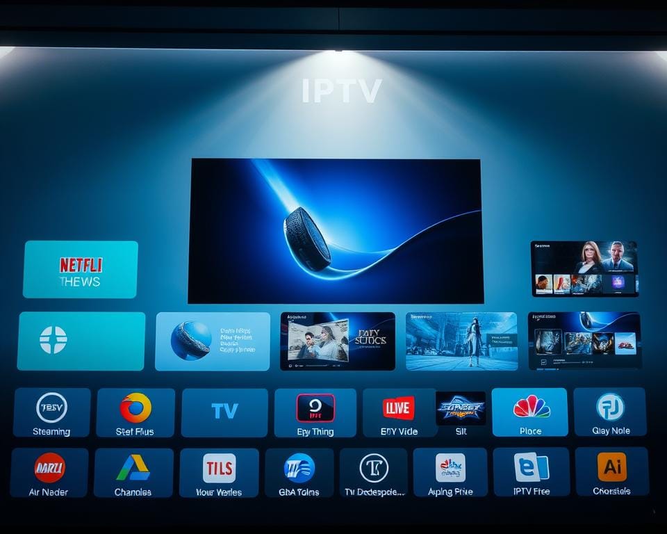 A well-organized home screen displaying various IPTV applications, each with a clear and intuitive interface. The foreground features icons for popular streaming services, media players, and channel guides, arranged in a visually appealing grid layout. The middle ground showcases seamless transitions between different app windows, hinting at the smooth user experience. The background depicts a minimalist, high-tech setting with subtle lighting, creating a modern and sophisticated atmosphere. The overall composition conveys the ease and convenience of managing a premium IPTV service through a cohesive ecosystem of specialized applications. A well-organized home screen displaying various IPTV applications, each with a clear and intuitive interface. The foreground features icons for popular streaming services, media players, and channel guides, arranged in a visually appealing grid layout. The middle ground showcases seamless transitions between different app windows, hinting at the smooth user experience. The background depicts a minimalist, high-tech setting with subtle lighting, creating a modern and sophisticated atmosphere. The overall composition conveys the ease and convenience of managing a premium IPTV service through a cohesive ecosystem of specialized applications.