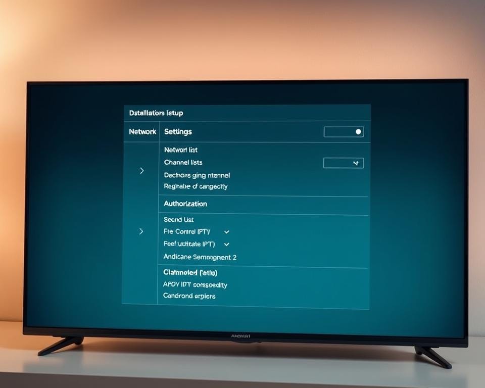 An Android TV device displaying a detailed IPTV setup interface. The screen shows various configuration options, including network settings, channel lists, and authorization details. The interface is intuitive and user-friendly, with clear instructions and easy-to-navigate menus. The device is placed on a minimalist desk, with a clean, modern aesthetic. Soft, indirect lighting creates a warm, inviting atmosphere, highlighting the sleek design of the Android TV. The overall scene conveys a sense of simplicity and ease, reflecting the step-by-step guide for effortlessly installing an IPTV key on an Android TV.