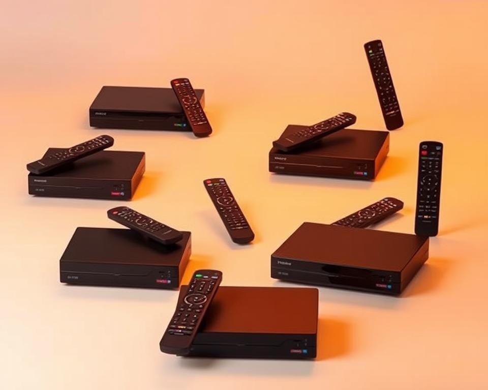 Comparaison des offres IPTV: A sleek and modern comparison of IPTV service plans. Against a soft, gradient background, showcase multiple IPTV set-top boxes and remotes, each representing a different provider's package. Use warm, directional lighting to highlight the products' features and display their contrasting designs. Arrange the items in a grid-like formation, creating a sense of order and organization. Include subtle visual cues, such as price tags or service icons, to convey the key differences between the offerings. The overall scene should exude a sense of professionalism and authority, guiding the viewer towards making an informed decision about the best IPTV provider. Comparaison des offres IPTV: A sleek and modern comparison of IPTV service plans. Against a soft, gradient background, showcase multiple IPTV set-top boxes and remotes, each representing a different provider's package. Use warm, directional lighting to highlight the products' features and display their contrasting designs. Arrange the items in a grid-like formation, creating a sense of order and organization. Include subtle visual cues, such as price tags or service icons, to convey the key differences between the offerings. The overall scene should exude a sense of professionalism and authority, guiding the viewer towards making an informed decision about the best IPTV provider.