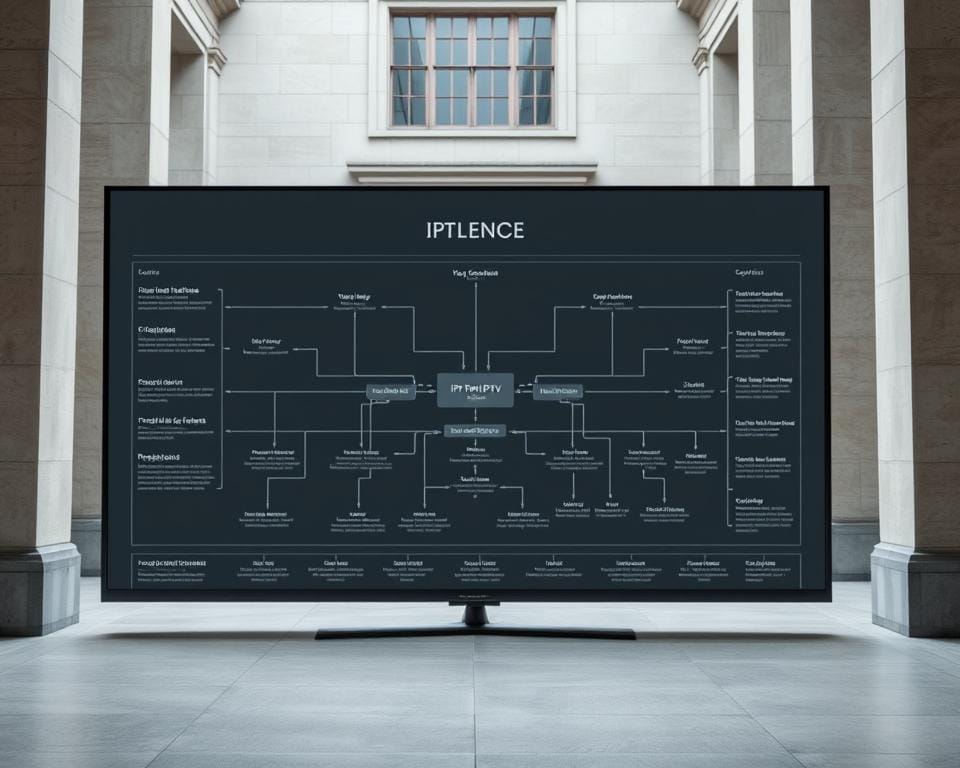 Detailed legal framework of IPTV in France, depicted as a meticulously designed technical diagram. Sleek, minimalist layout showcasing key legal considerations and regulations, with clean lines, muted colors, and subtle textures. Framed by an architectural backdrop, suggesting the official, institutional nature of the subject matter. Subtle play of light and shadow creates depth and dimension, guiding the viewer's eye through the complex information. The overall aesthetic is professional, authoritative, and informative, reflecting the serious legal implications of IPTV use in the French context.